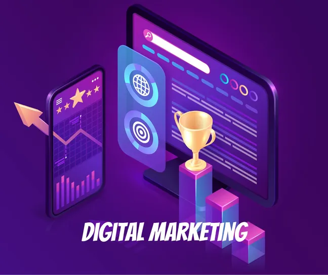 Digital marketing analytics dashboard with charts, graphs, and social media metrics