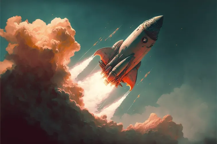 Futuristic rocket launching into space symbolizing innovation and cutting-edge technology
